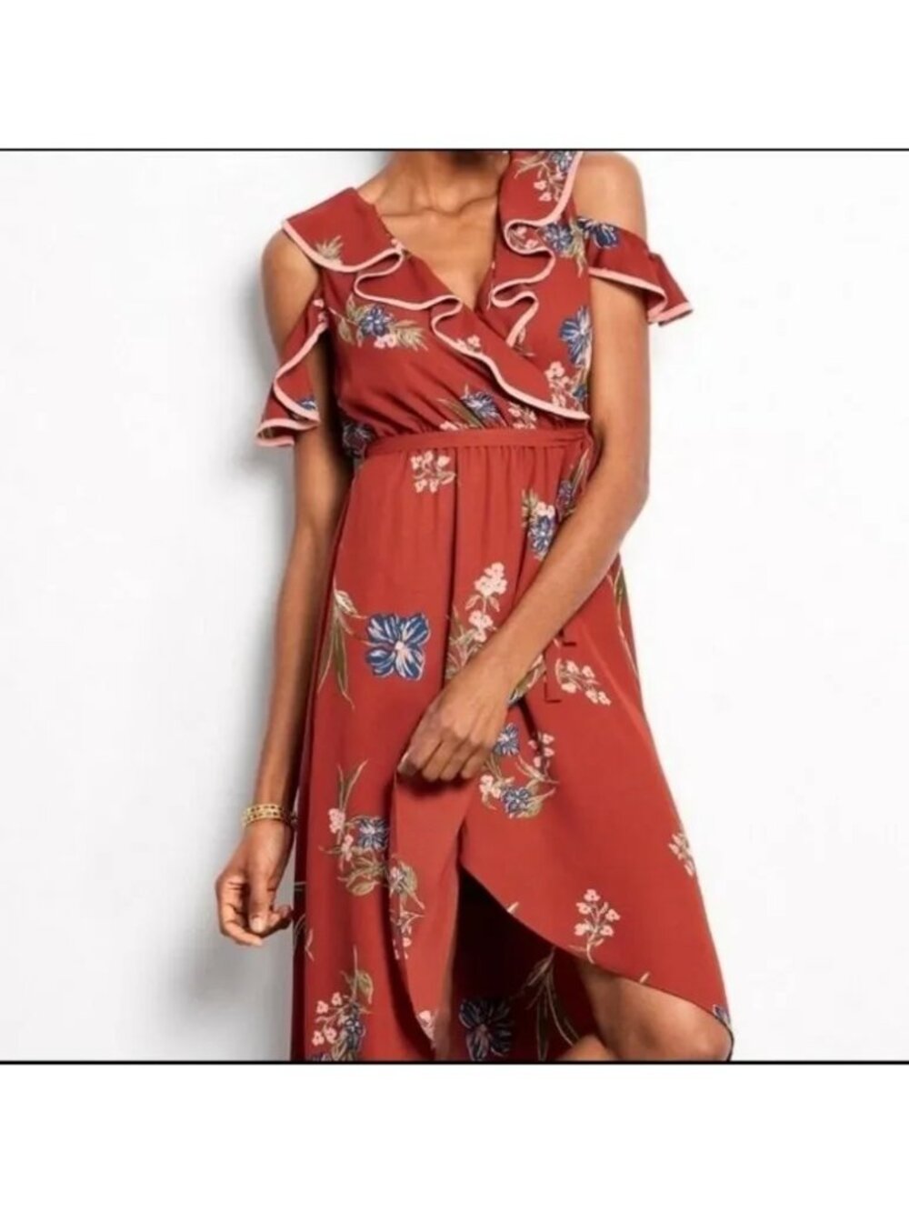 NWT June & Hudson Teracotta Floral Brown Ruffle Boho High Low Midi Dress Women M
